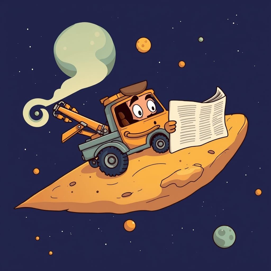 Cartoon Tow Truck Reads Newspaper on Meteor in Space