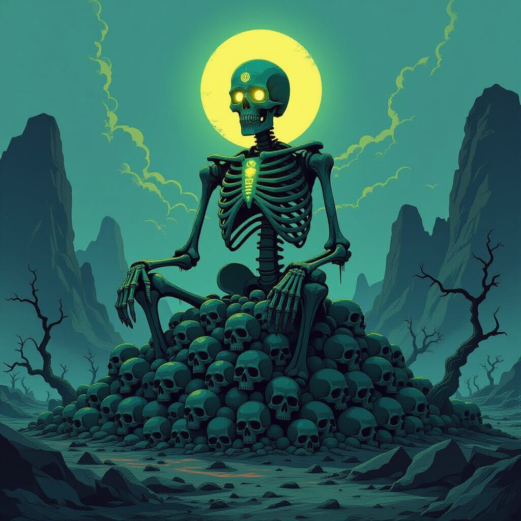 Colossal Glowing Skeleton on Skull Mountain in Dark Fantasy ...