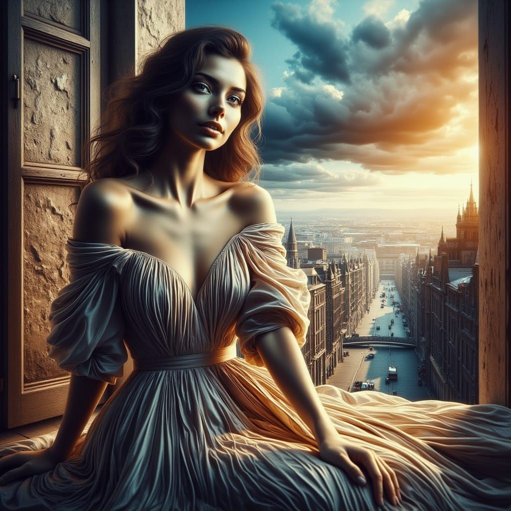 Elegant Woman in Long, Flowing Robe in a Sunlit Window