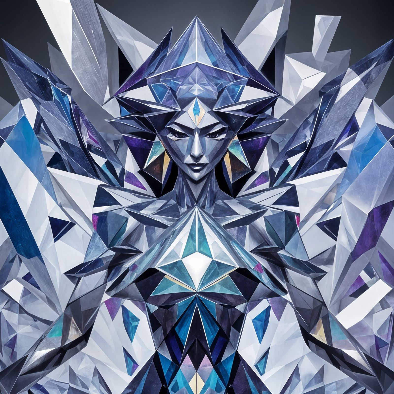 Sparking Cubist art. Medium shot. A figure emerges from a crystal geode, diamond-like shards bursting from their body. C...