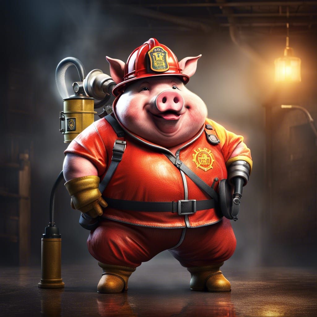 Firefighter Pig in Detailed Street Art Style