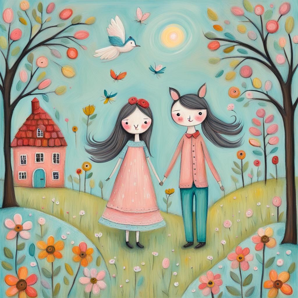 Whimsical Folk Art Illustration in Pastel Impasto