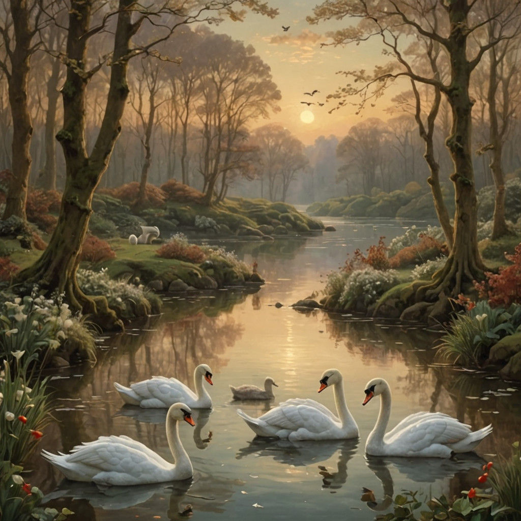 Seven Swans Swimming in Harmony