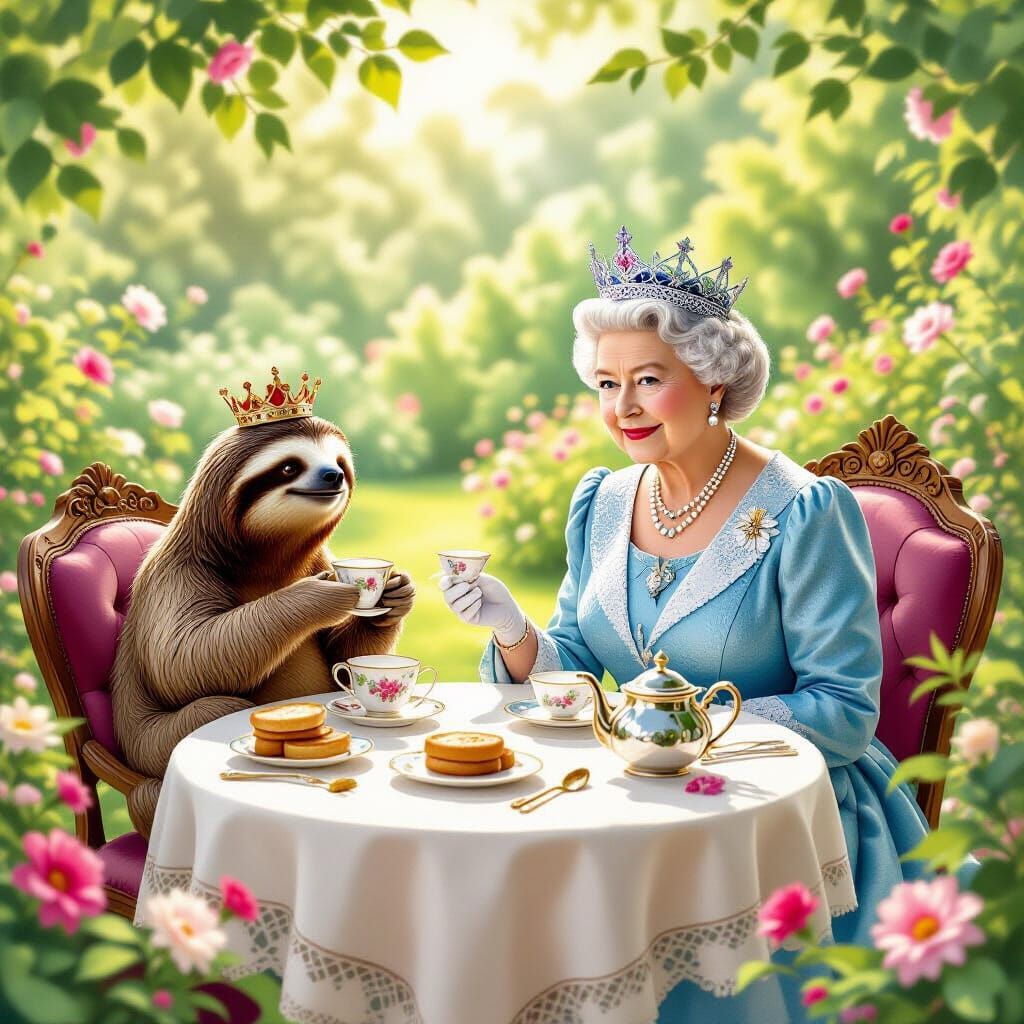Queen Elizabeth and Sloth Enjoy Tea in a Garden