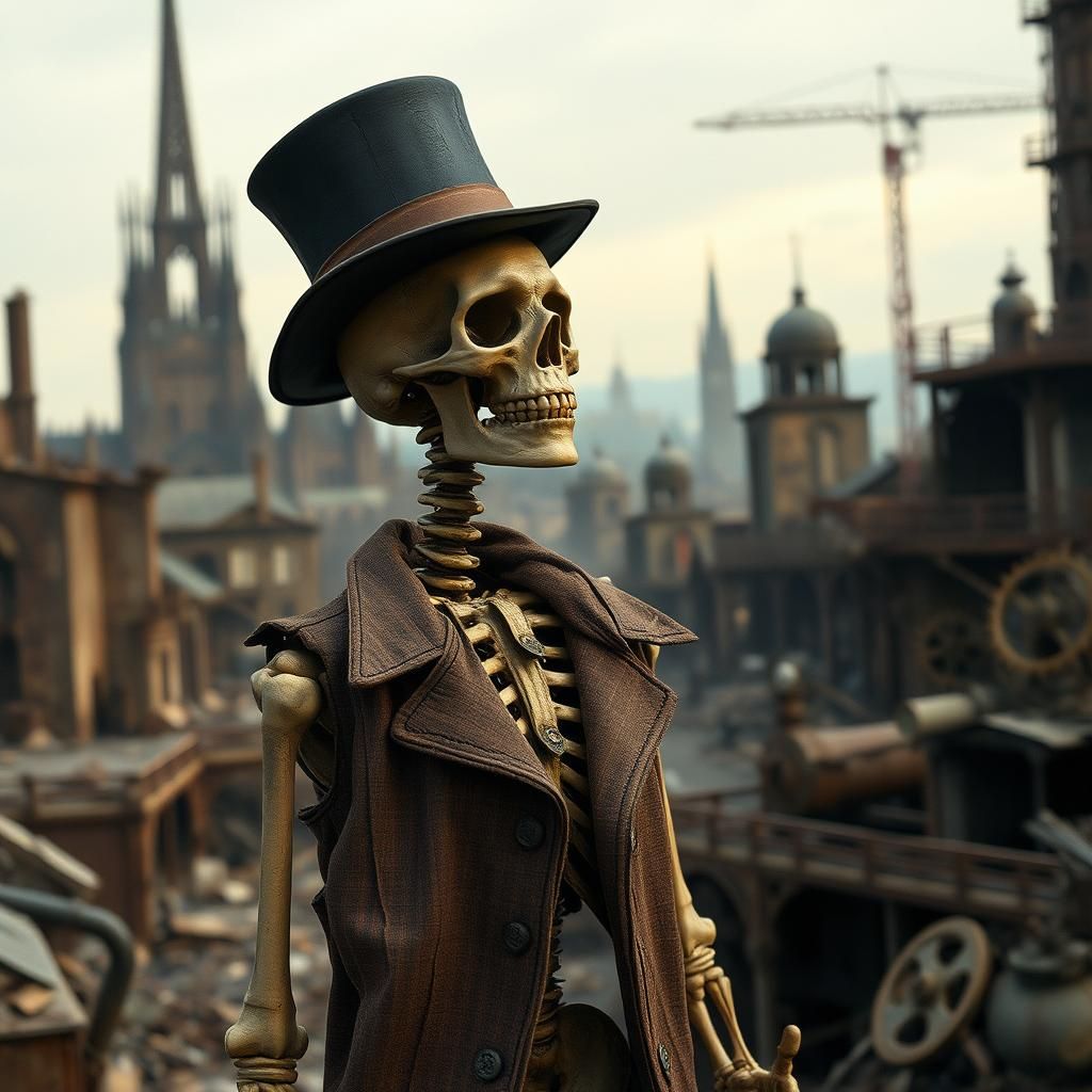 Glass Skeleton in Steampunk Post-Apocalyptic Cityscape