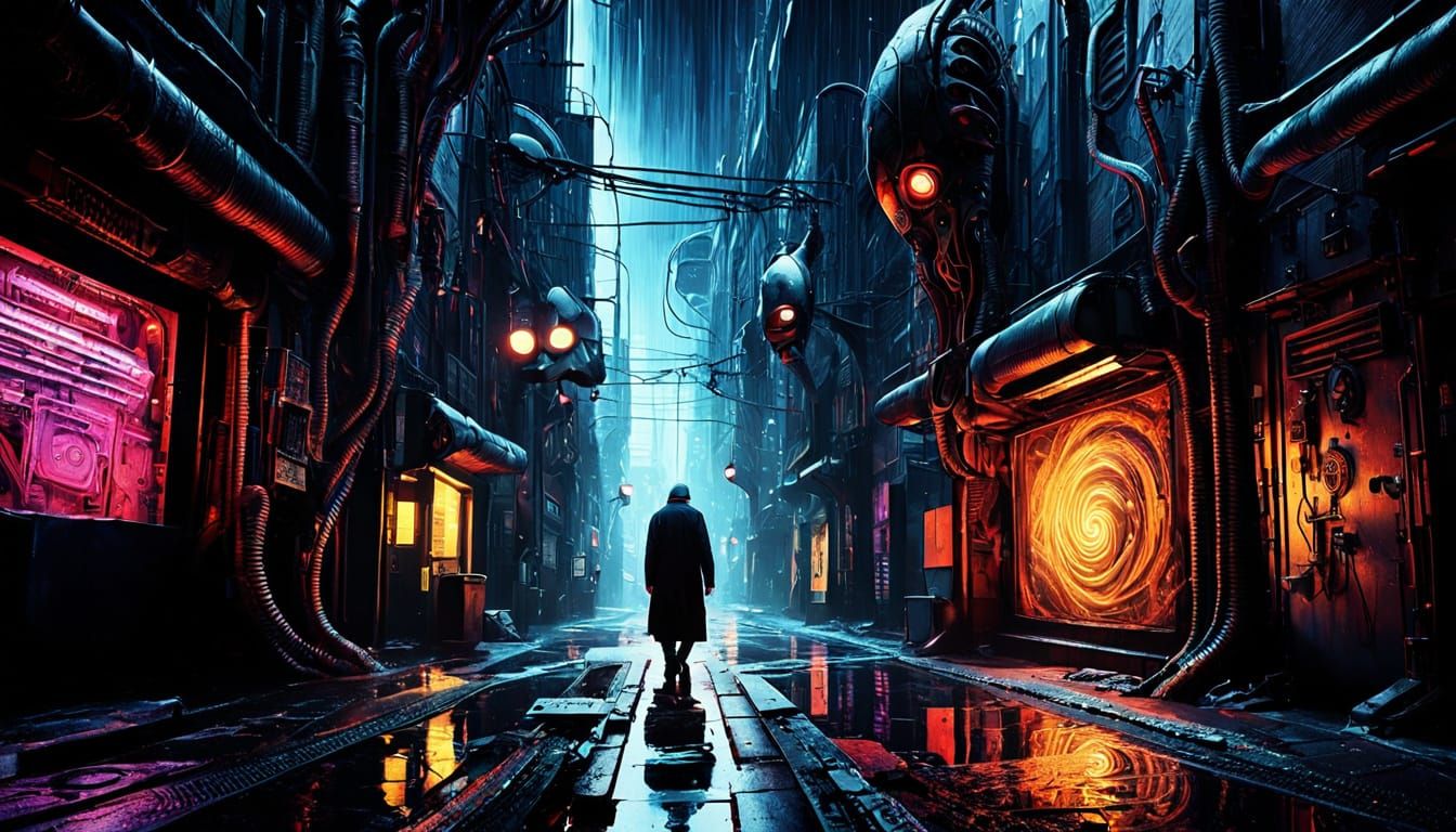 Surreal Biomechanical Street Scene in Vibrant Colors