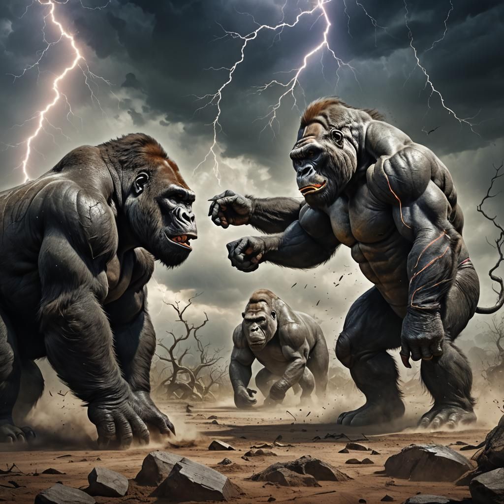 Gorilla Versus Rhino in Stormy Landscape
