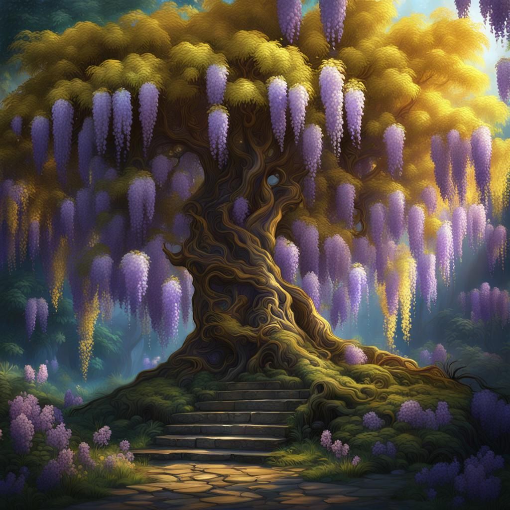 Intricate Wisteria Tree with Gold Flecks, Maximalist Art