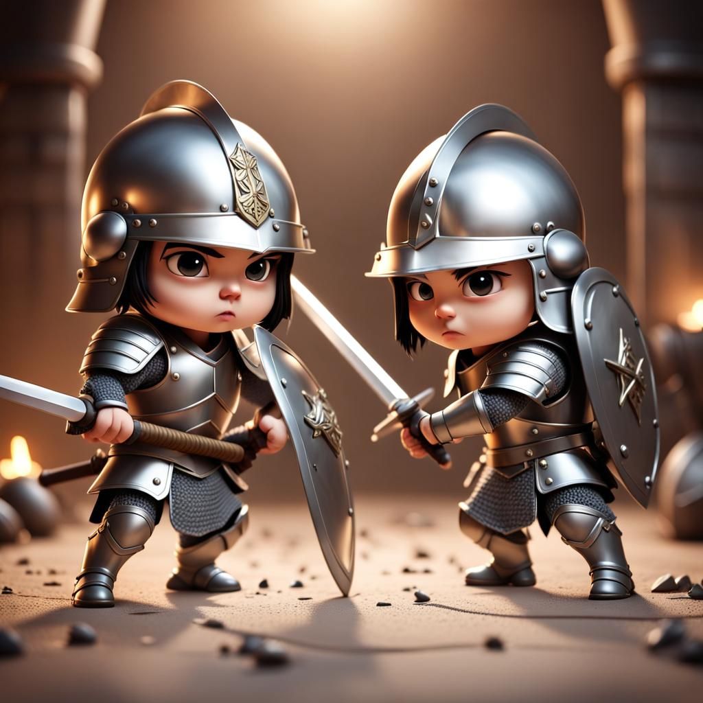 Photorealistic Chibi Soldiers Fighting with Swords