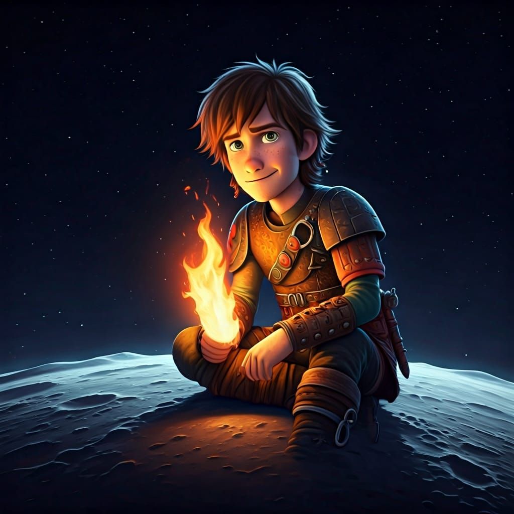 Hiccup Haddock on the Moon in Digital Art Style