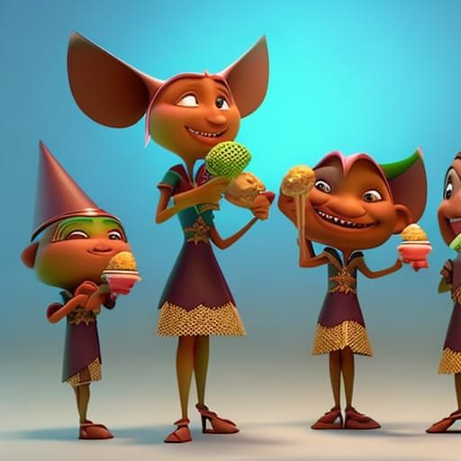 a happy family of goblins eating ice cream cones