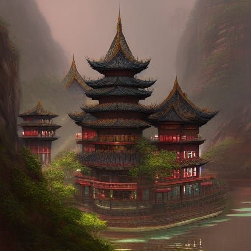 Misty Chongqing Temple Street in Detailed Matte Painting