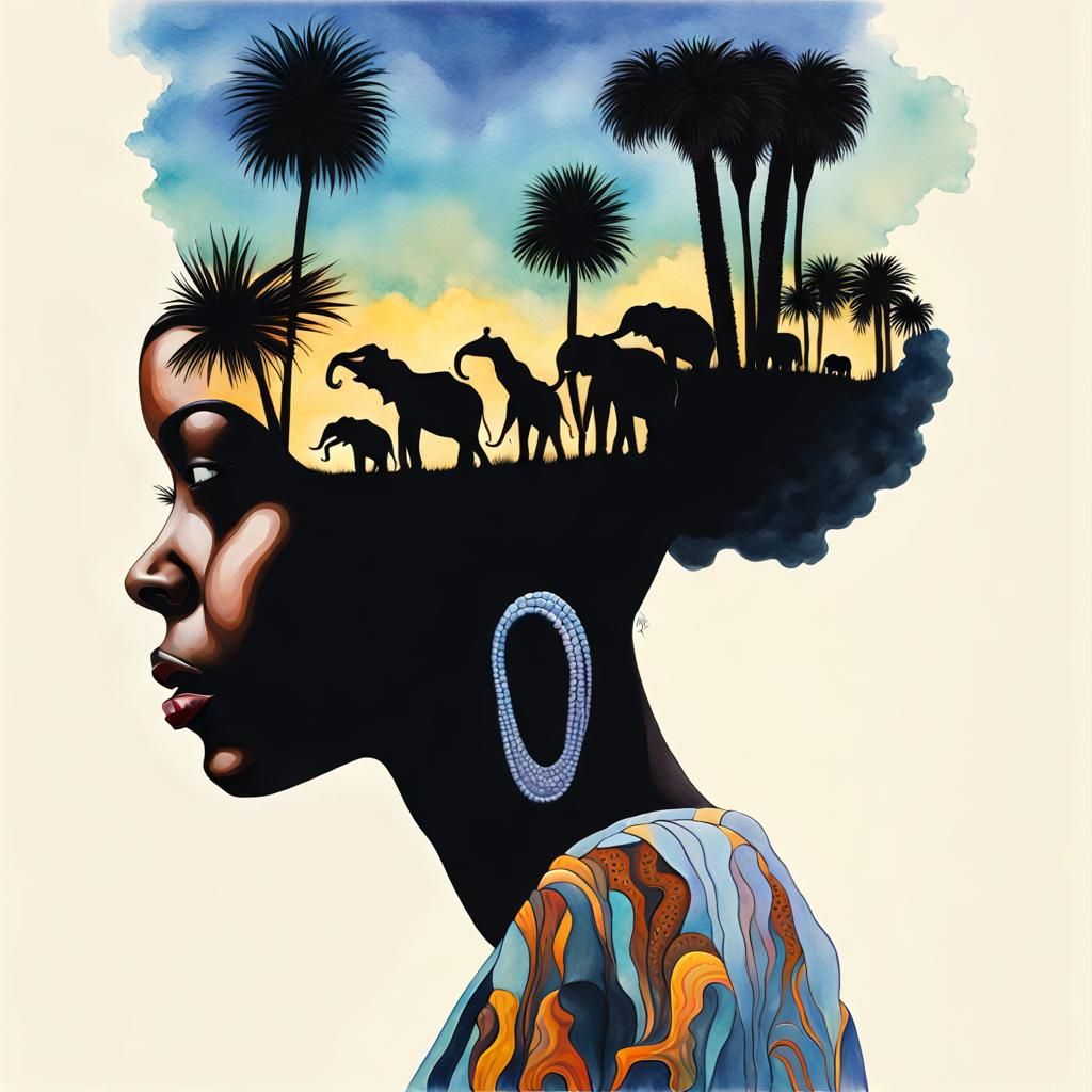 African Silhouette Double Exposure in Gouache Watercolor