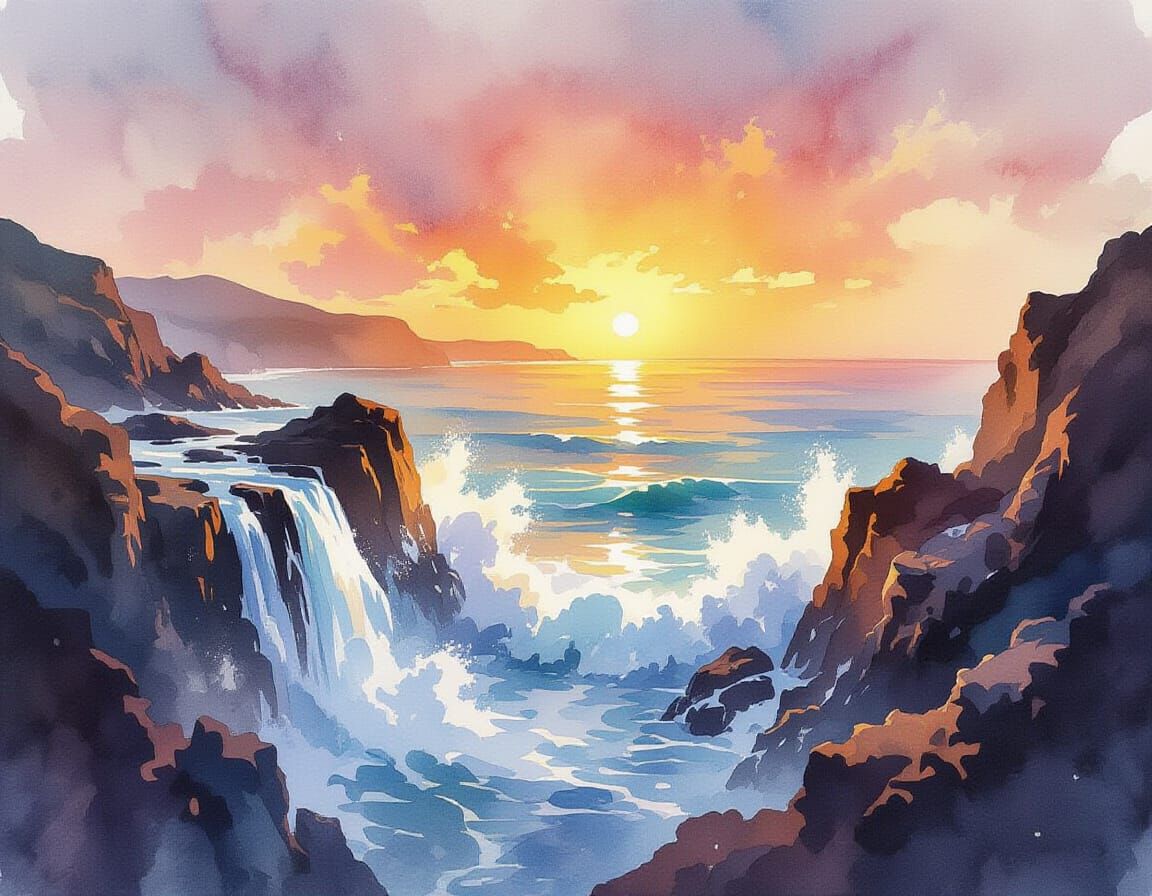 Rugged Coast Sunset with Waterfalls in Watercolor