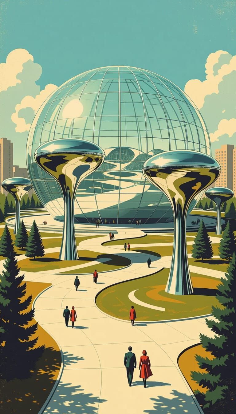 Retro-Futuristic Park in Dome as Vintage Print