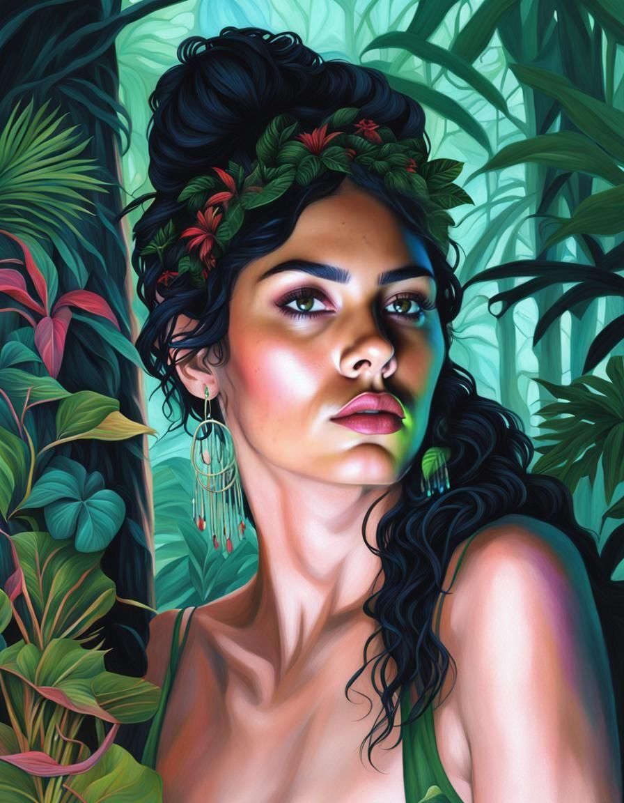 Latina in Jungle Portrait with Neon Accents