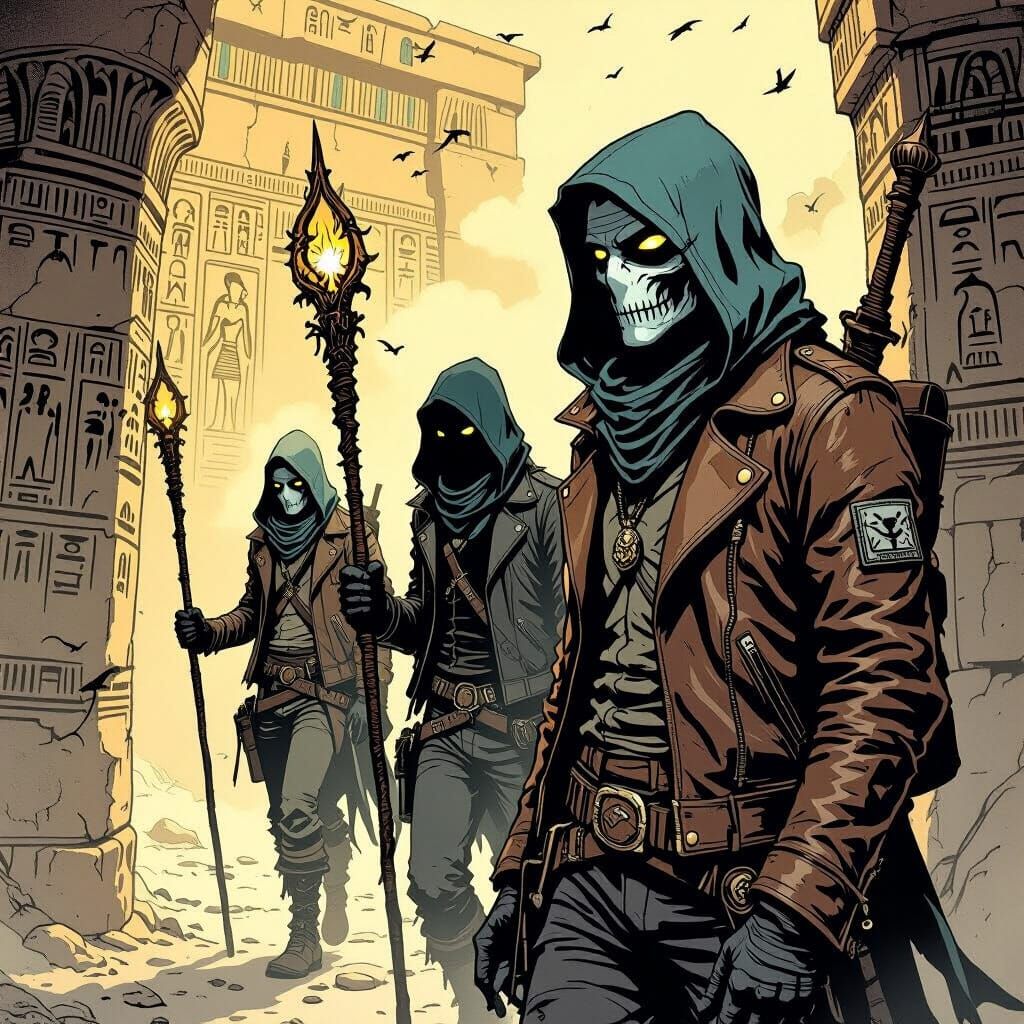 Akashic Rangers Enter Mummy Tomb in Line Art Style