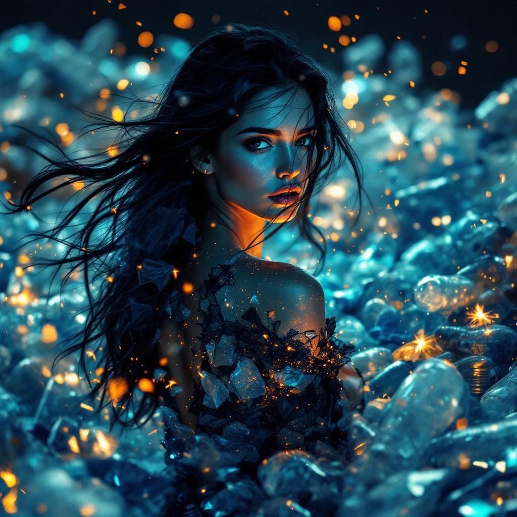 Woman Amidst Plastic Waste in Surreal Crystalline Style