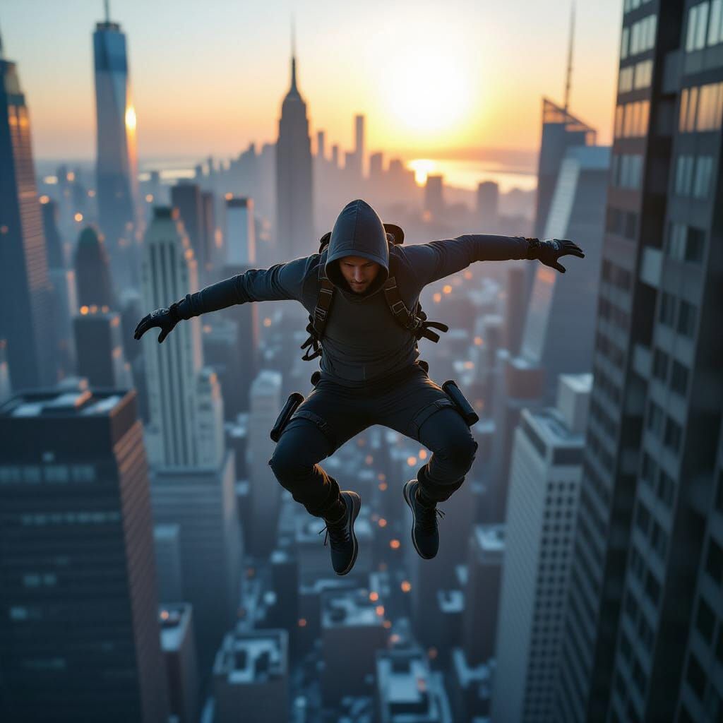 Parkour Athlete on Skyscrapers, Hyperrealistic Urban Scene