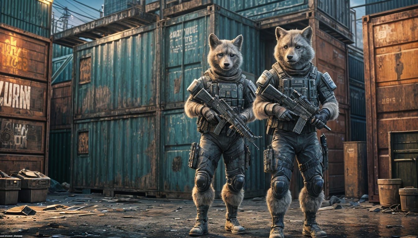 Furry Soldier in Cyberpunk Shipping Yard, Digital Art