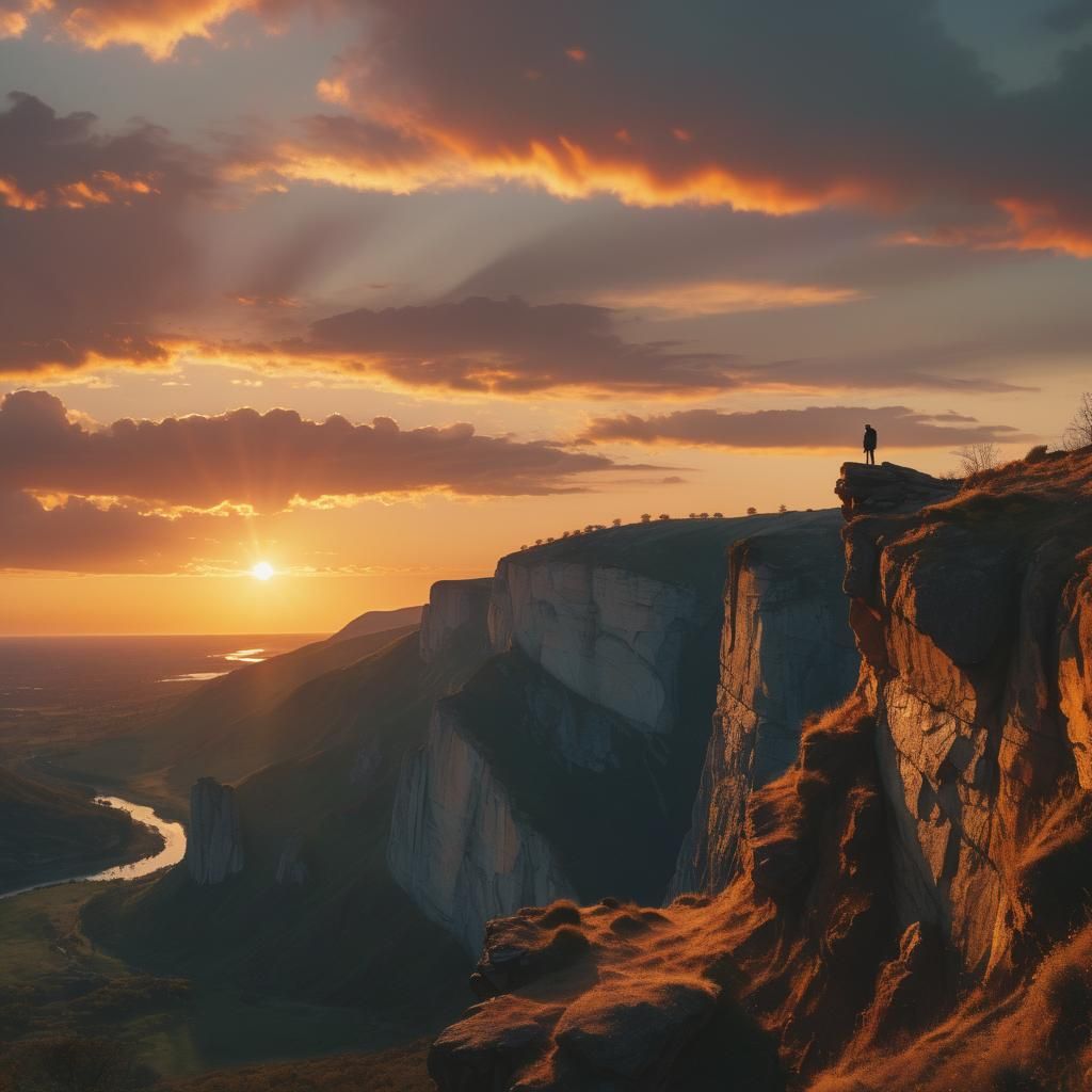 Enchanted Sunset Silhouetted Figure on Cliff