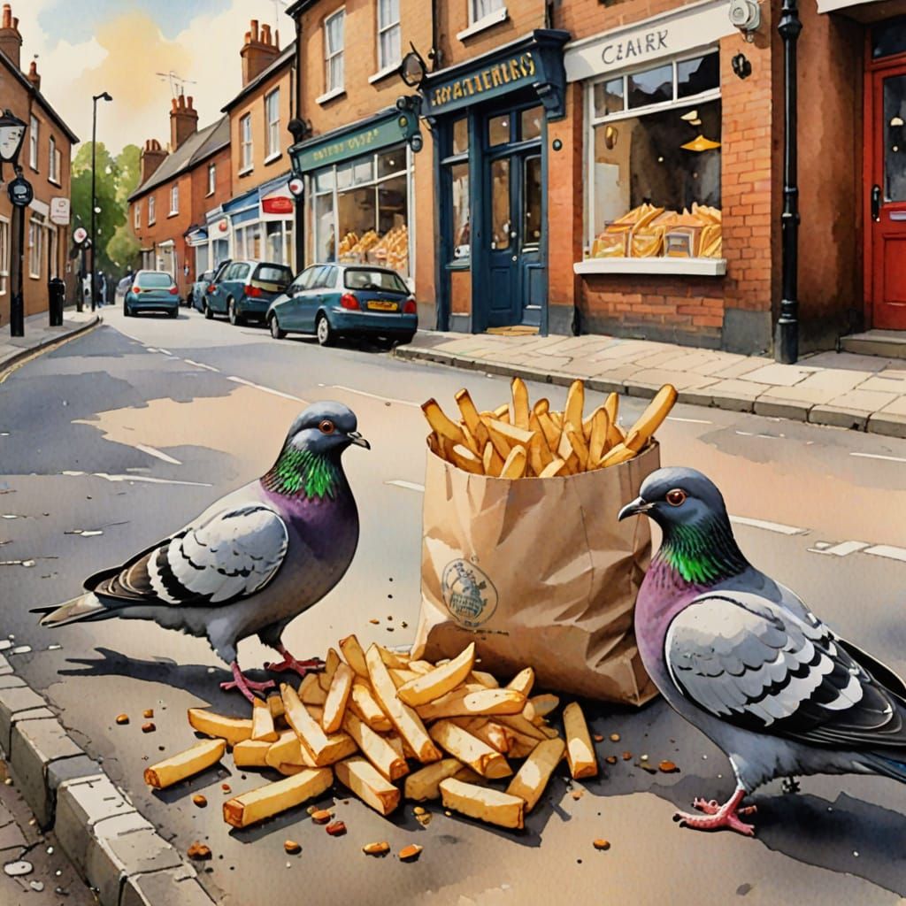 Pigeons in Essex England Seek Romantic French Fries