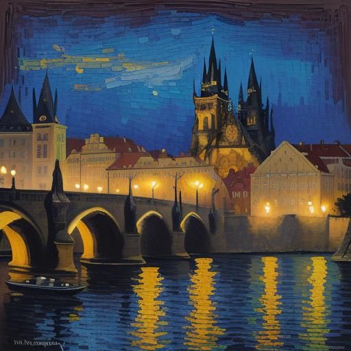 Prague at Night: Neo-Impressionist Expressionist Oil Paintin...