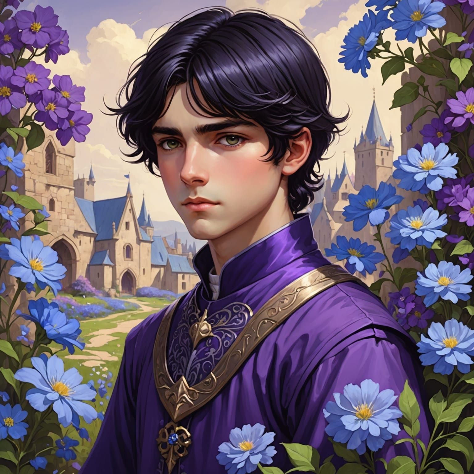 Boy in Medieval Flower Garden, Anime Style
