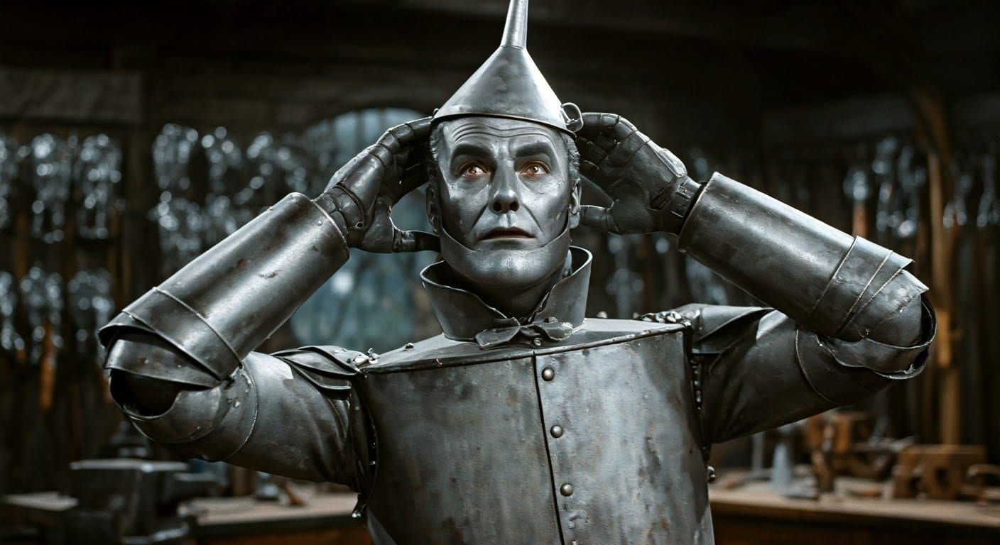 Tin Man Adjusts His Tin Head in a Whimsical Tin Smith's Shop