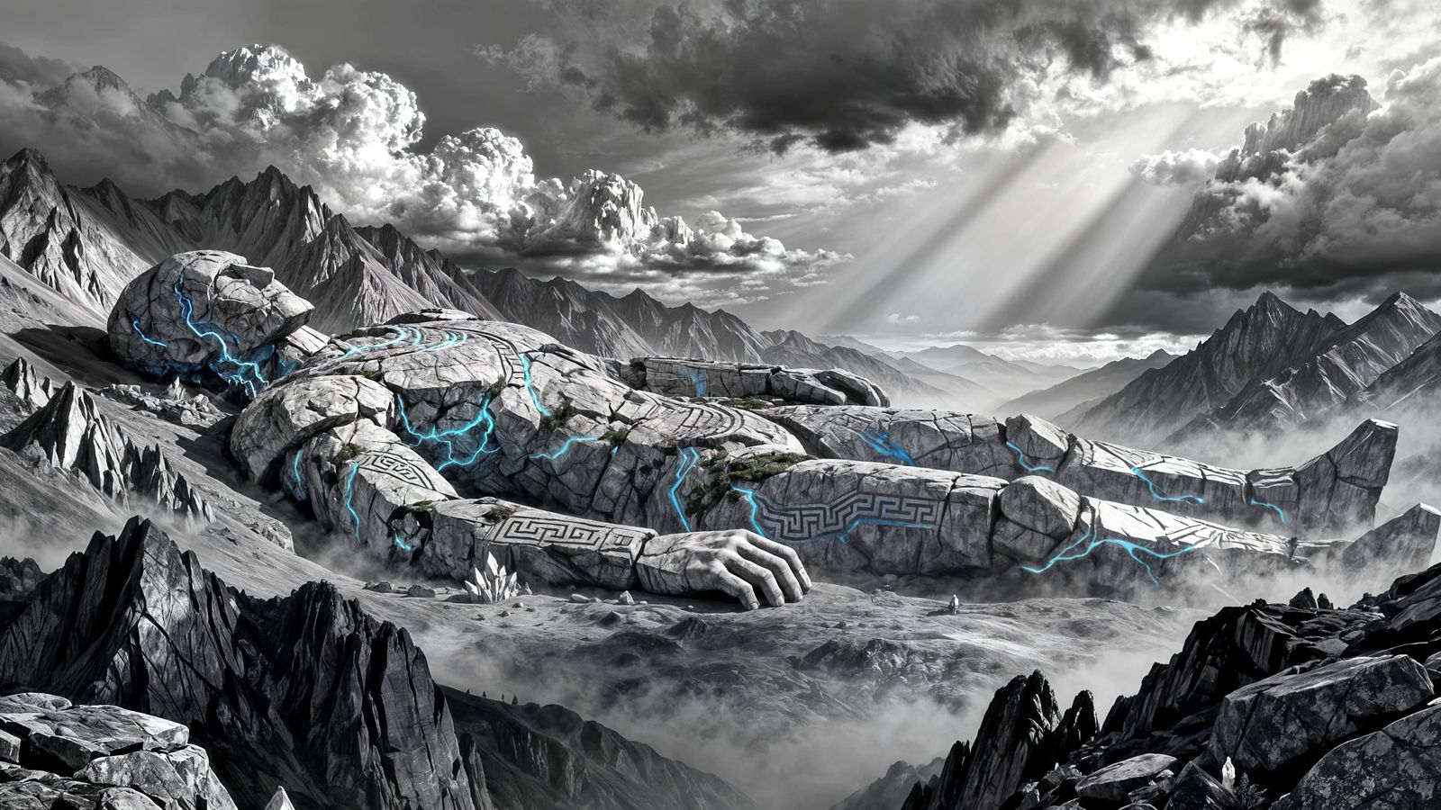 Ancient Stone Golem Rests in Misty Mountain Valley