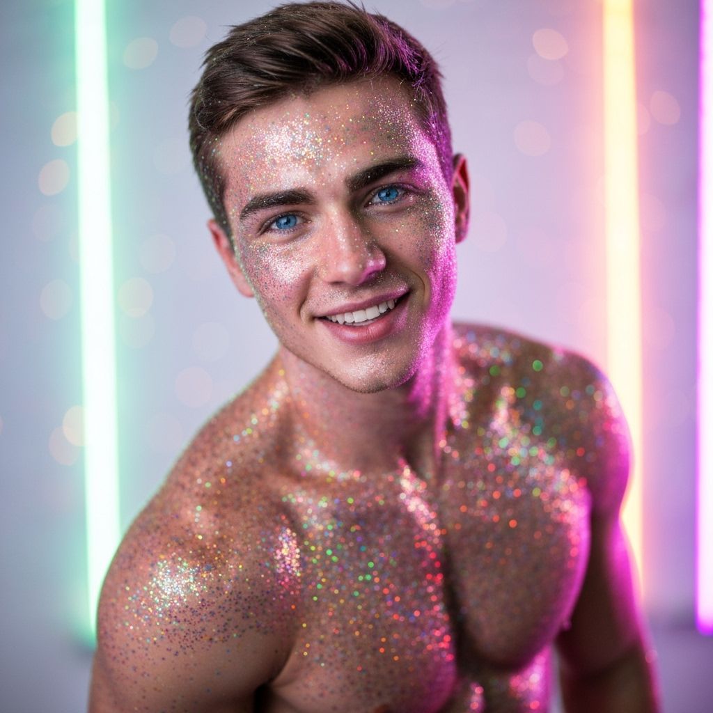 Fit Young Man Covered in Rainbow Glitter with Neon Bokeh