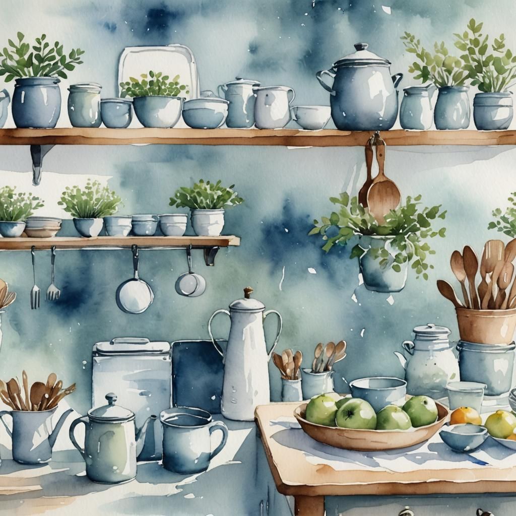 Inviting Farmhouse Kitchen in Watercolor Style