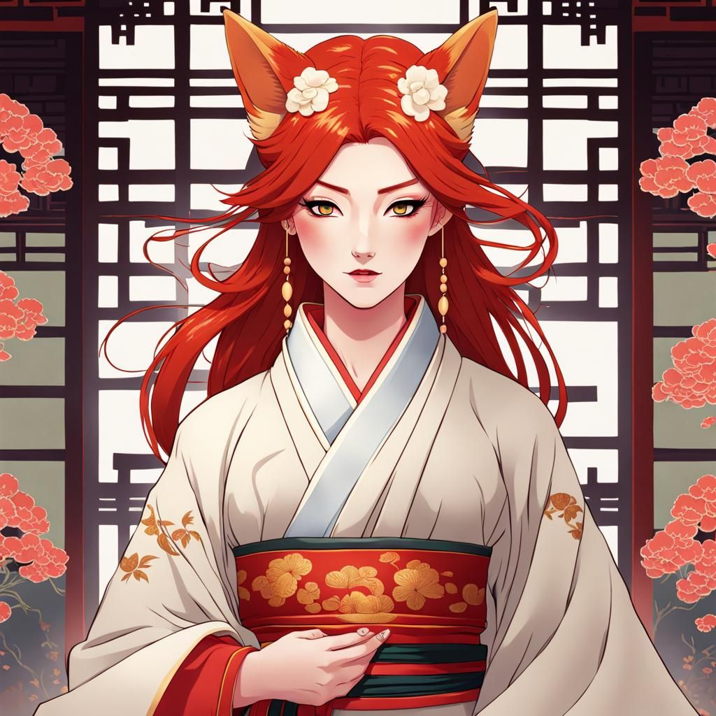 Androgynous Kitsune in Chinese Robe Digital Art