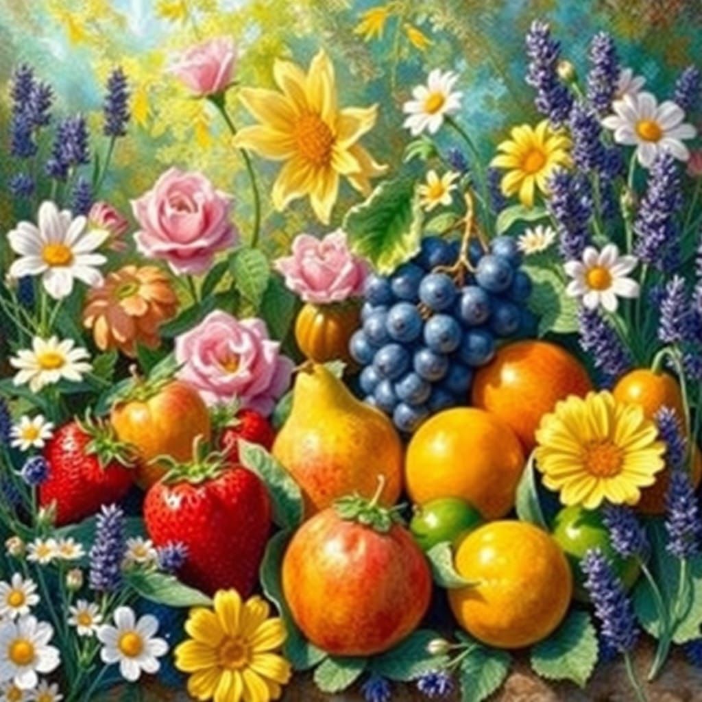 Impressionist Garden Scene with Fruits and Flowers