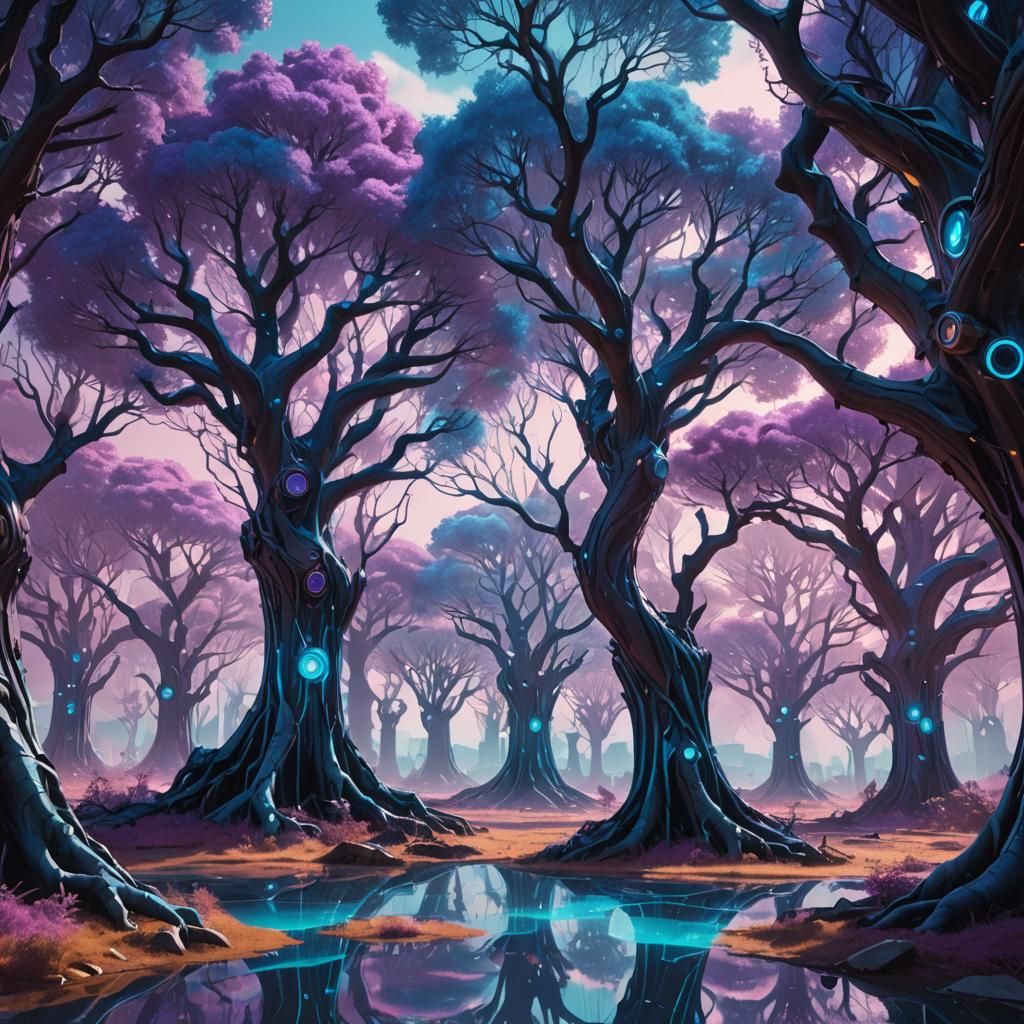 Surreal Blue Mechanical Trees in Dreamlike Sci-Fi Style