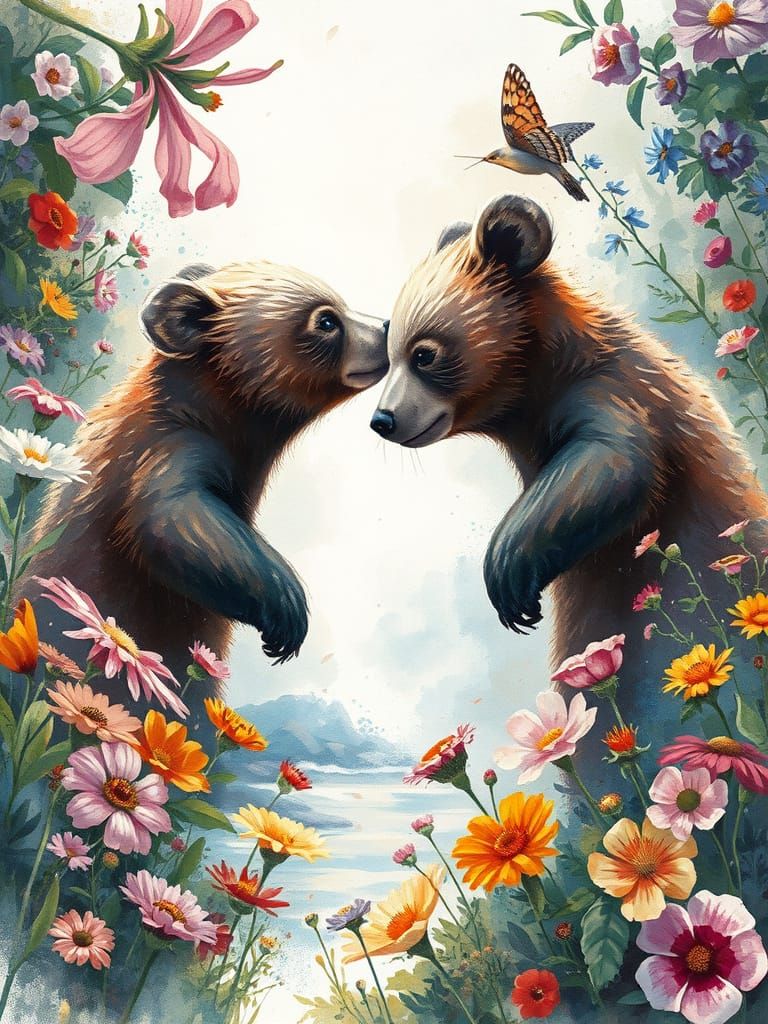 Sunlit River Garden with Playful Baby Bears in Vibrant Bloom...
