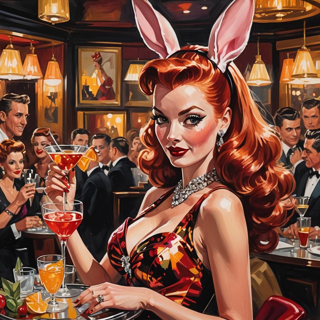 Vintage Playboy Bunny in Gouache Painting Style