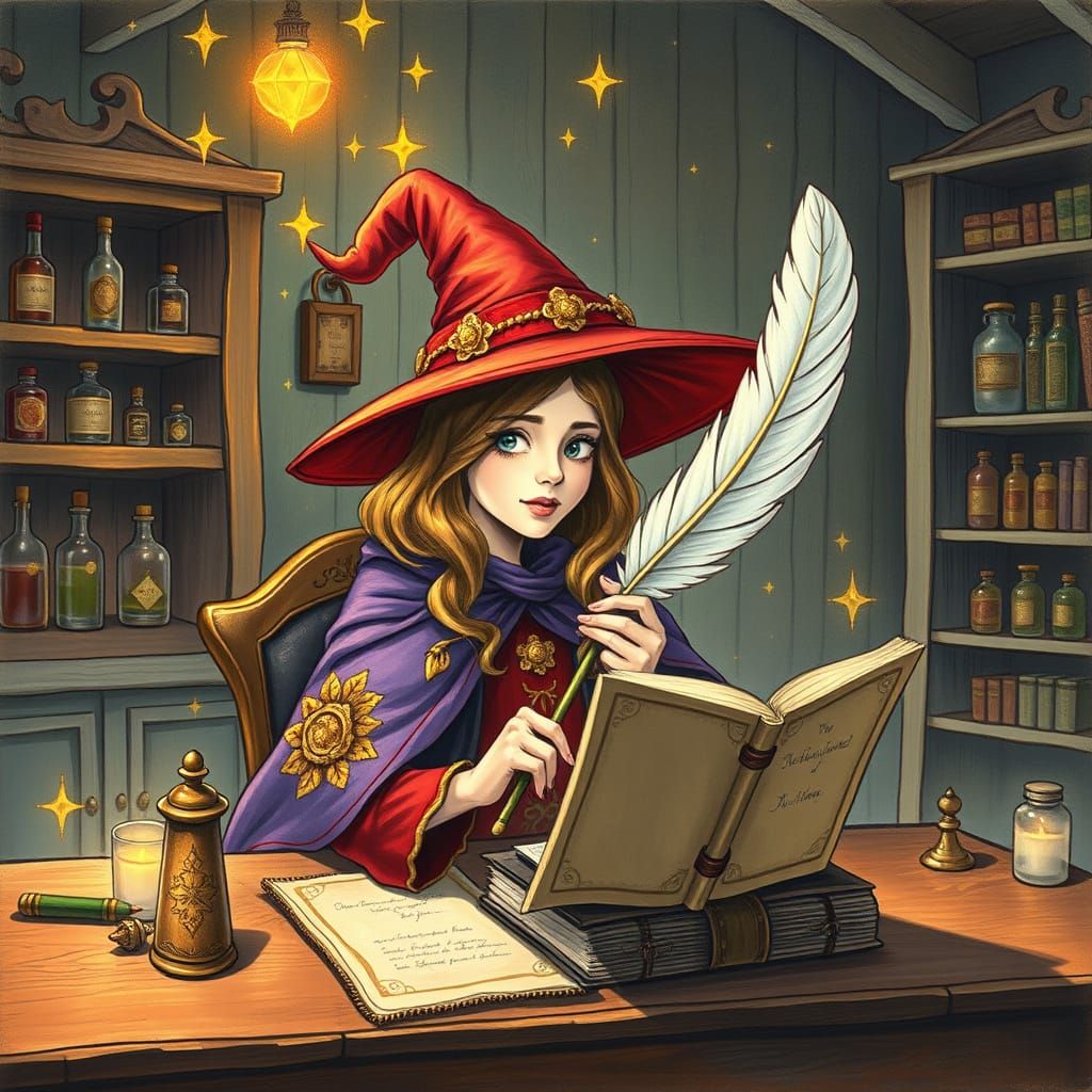 Witch Writing Grimoire in Ethereal Qajar Art Style