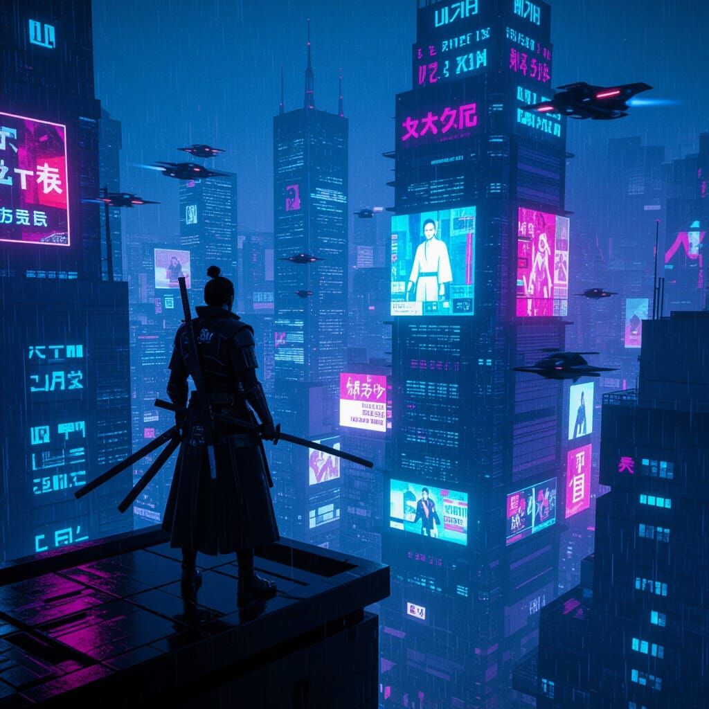 Cyberpunk Samurai in Neon Cityscape