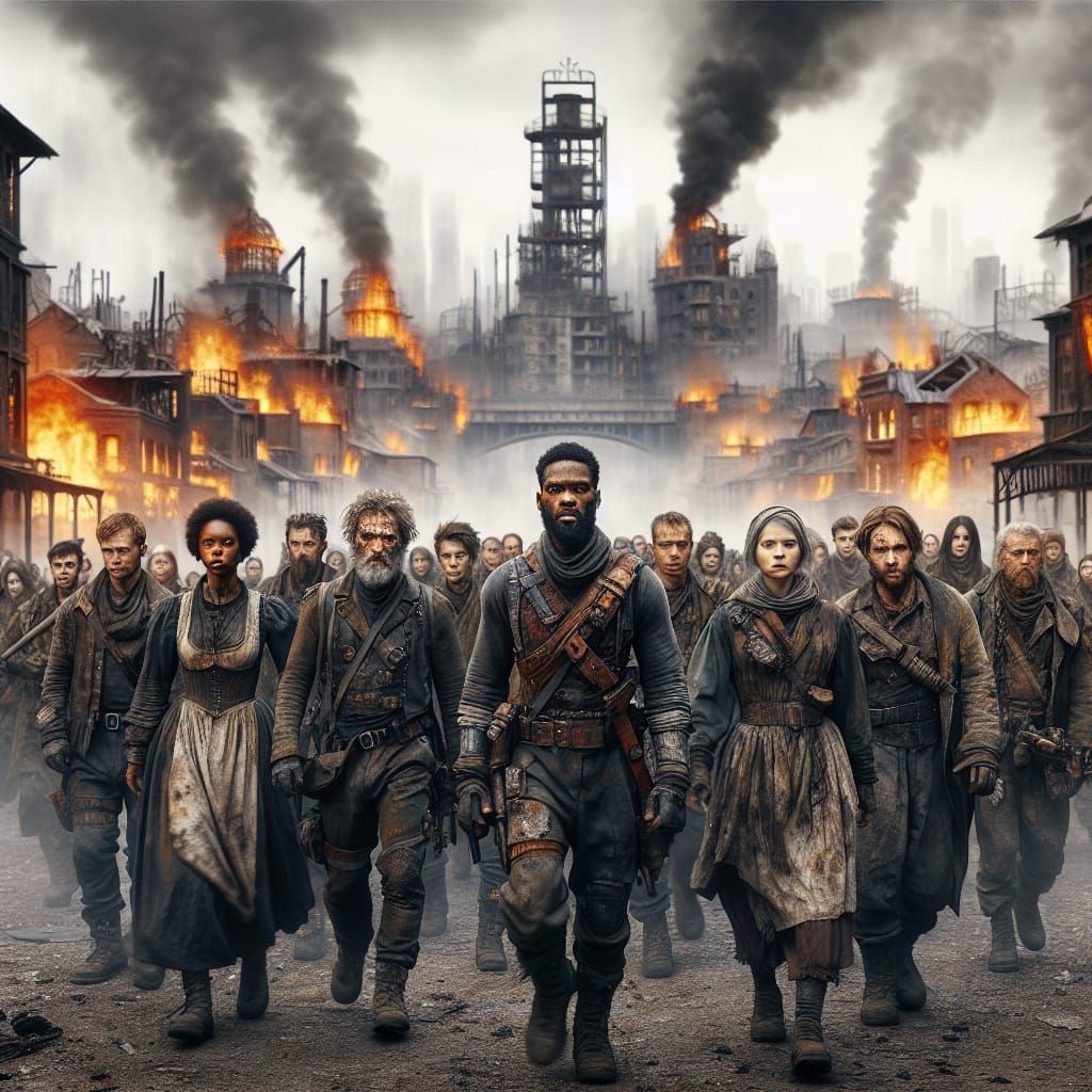Steampunk Soldiers March Through Burning Post-Apocalyptic To...