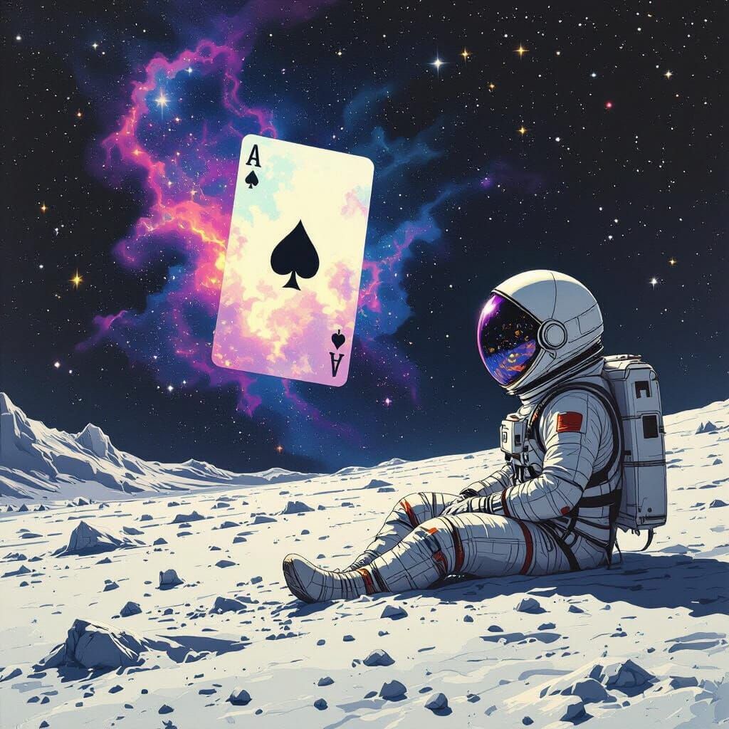 Astronaut Gazes at Spectral Playing Card Nebula