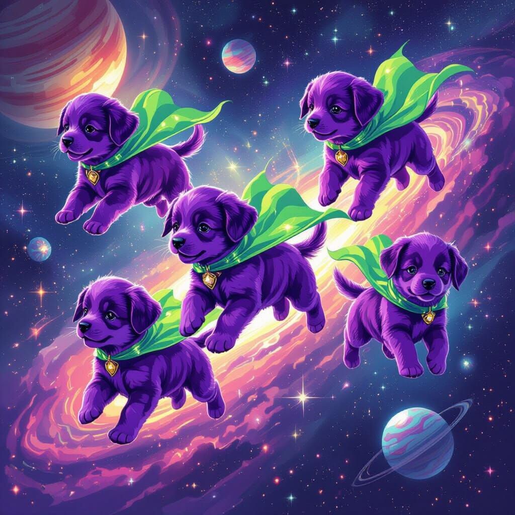 Purple Space Puppies in Futuristic Galaxy