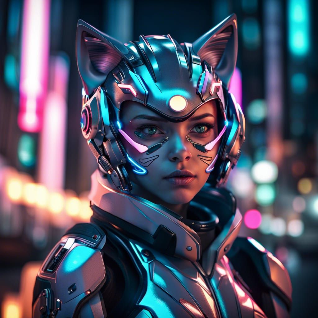 Hyperrealistic Cyborg Cat-Girl in Neon City