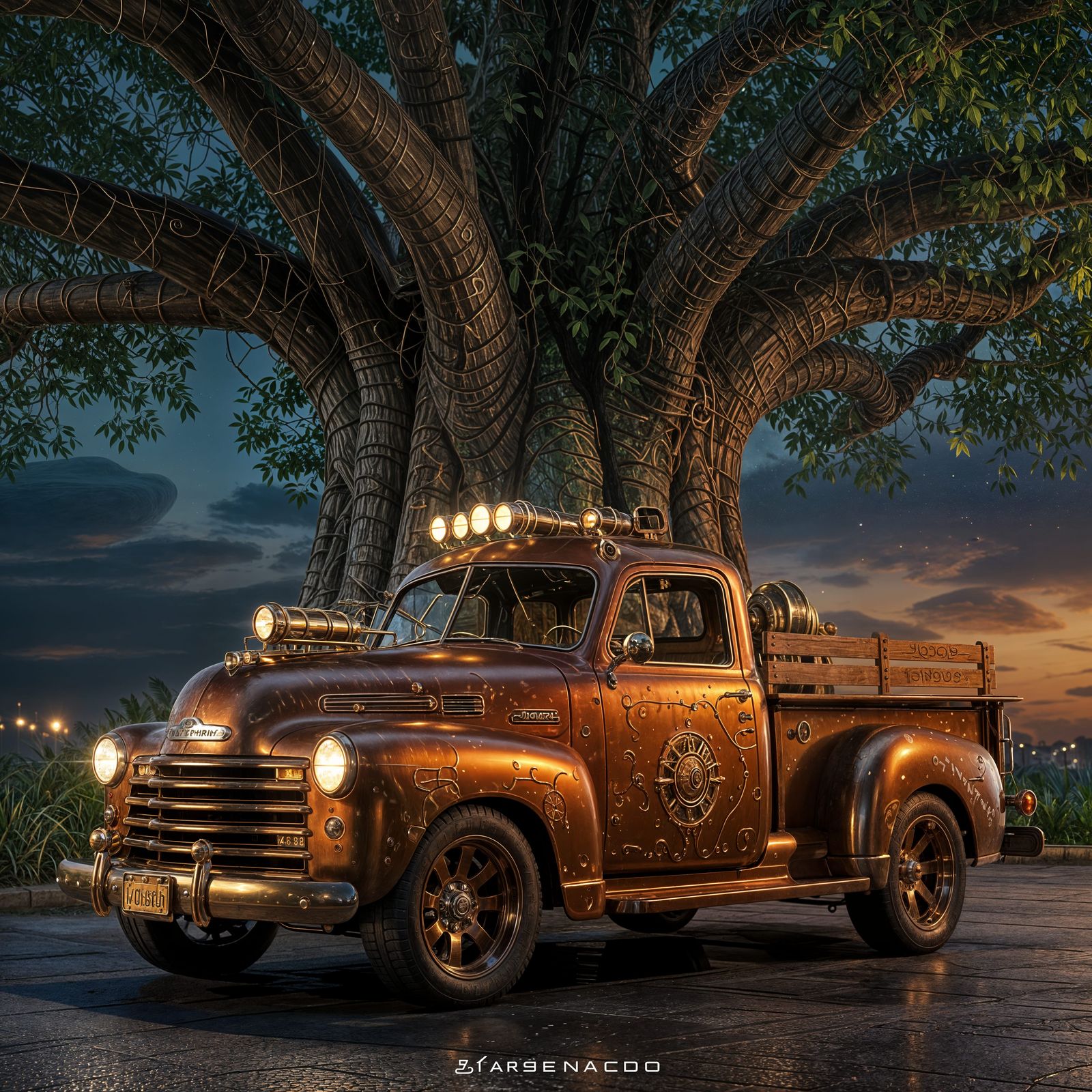 Futuristic Steampunk Pickup Truck Under Banyan Tree