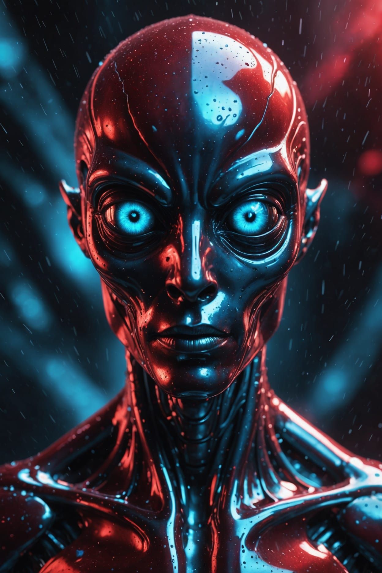 Alien in Translucent Liquid Metal with Blue Eyes