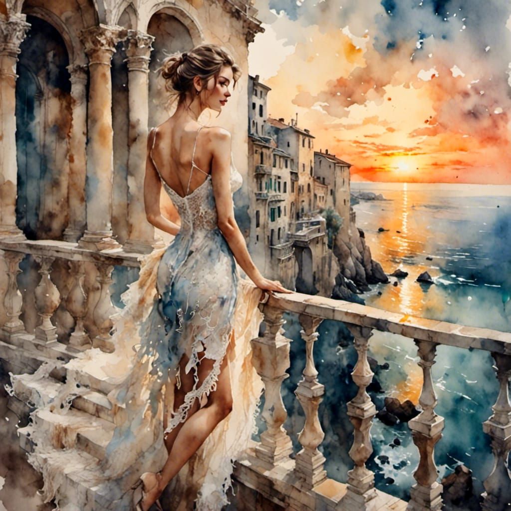 Woman on Balcony at Sunset: Antique Watercolor