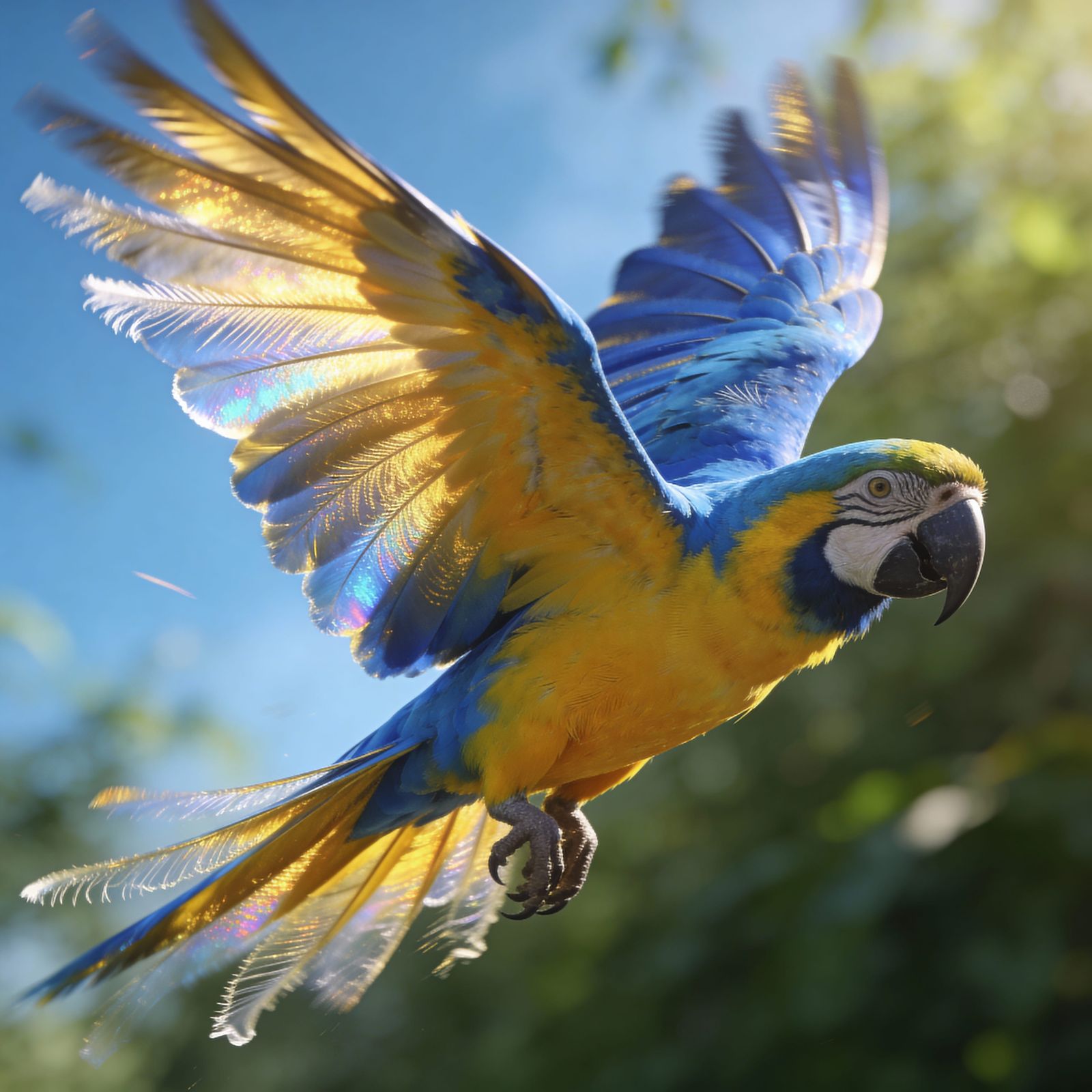 Vibrant Blue and Yellow Parrot in Flight