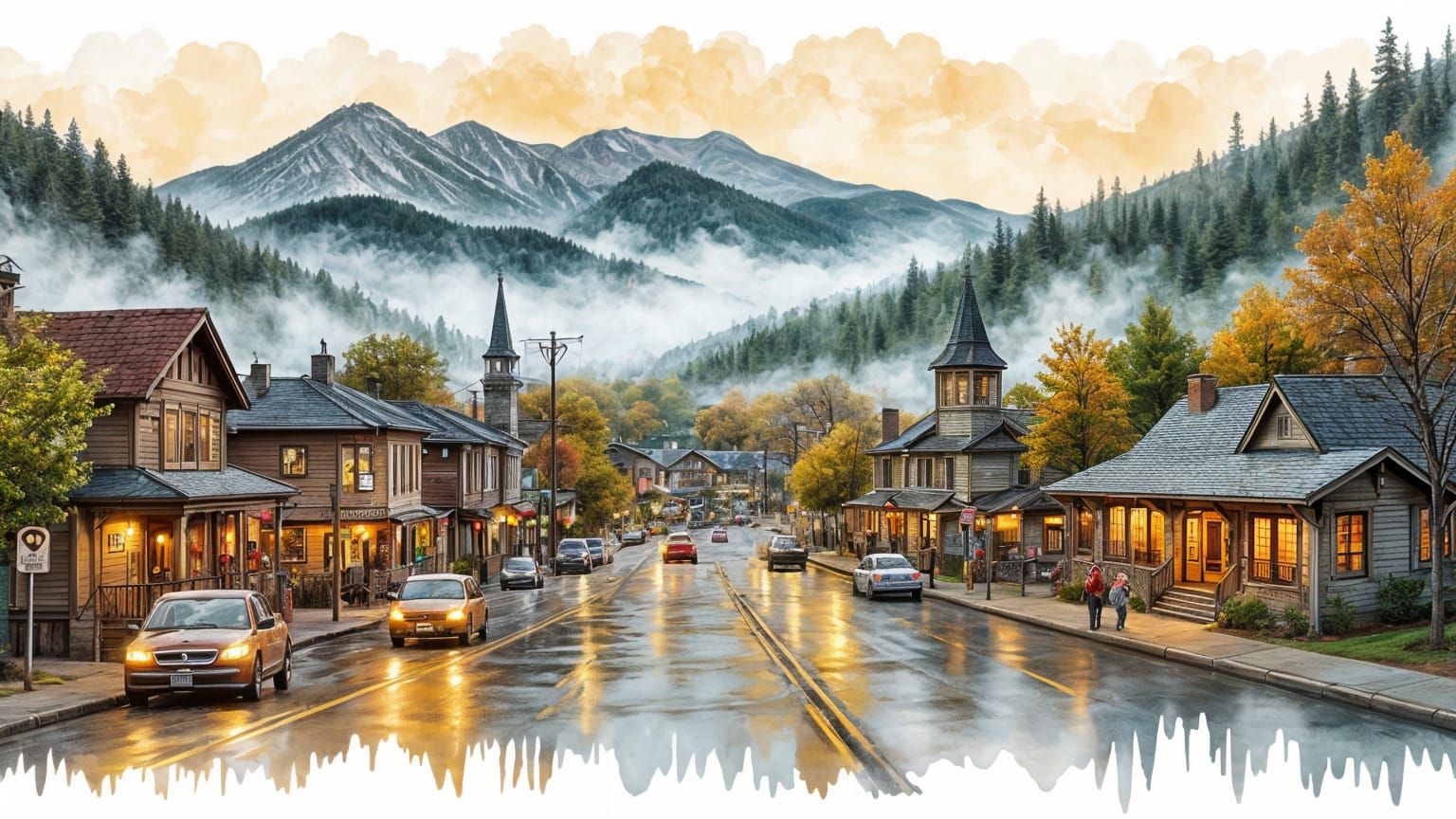 Golden Twin Peaks Watercolor Cityscape in Cyberpunk Style