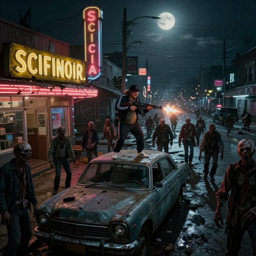 Cyberpunk Noir Boulevard Zombie Survival Scene