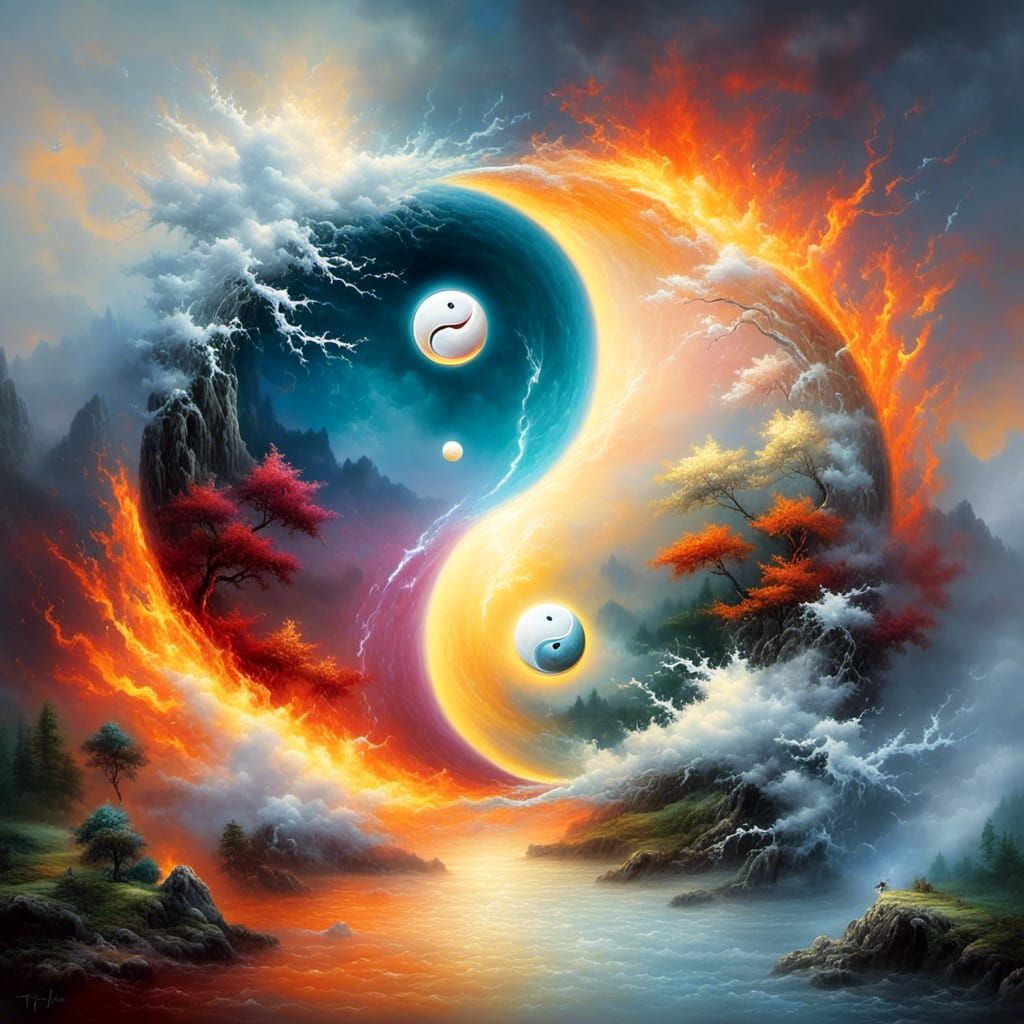 Yin yang, fire and ice, ethereal mist, Thomas Kinkade <lora:...